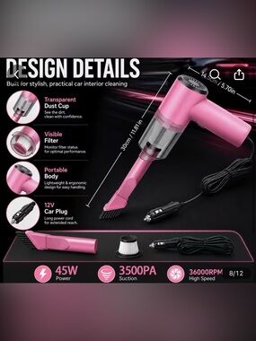 Portable Pink Car Vacuum Cleaner with 12V Car Plug
